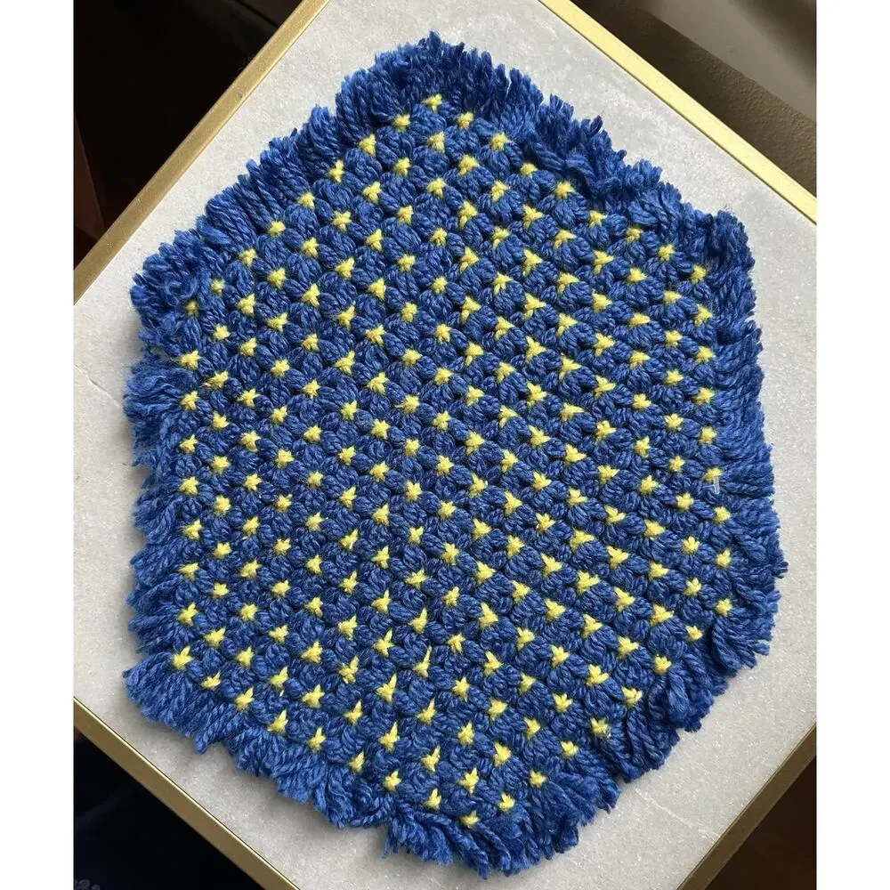 2 VTG 70’s Crocheted Hot Pad Trivet Blue and Yellow 16” x 13” Vintage Handmade